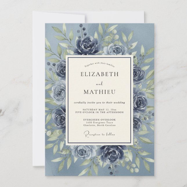 Blue Rose Botanical Romance Wedding Invitation (Front)