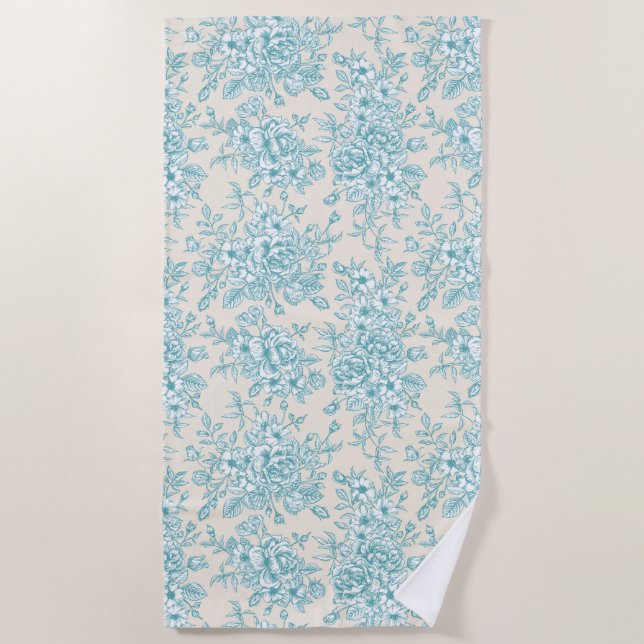 Blue Rose Bouquet Garden Floral Pattern Beach Towel (Front)