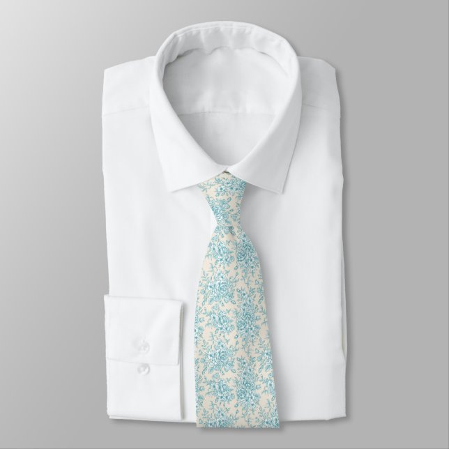 Blue Rose Bouquet Garden Floral Pattern Neck Tie (Tied)