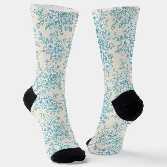 Blue Rose Bouquet Garden Floral Pattern Socks (Angled)