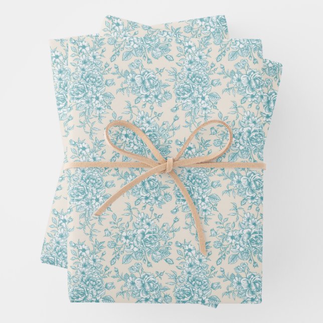 Blue Rose Bouquet Garden Floral Pattern Wrapping Paper Sheets (In situ)