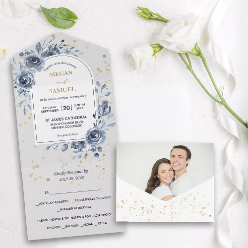Blue Rose Bouquet Photo Wedding All In One Invitation