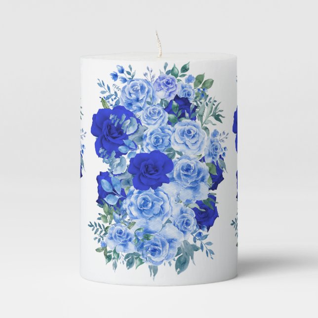 Blue Rose Bouquet Pillar Candle (Front)