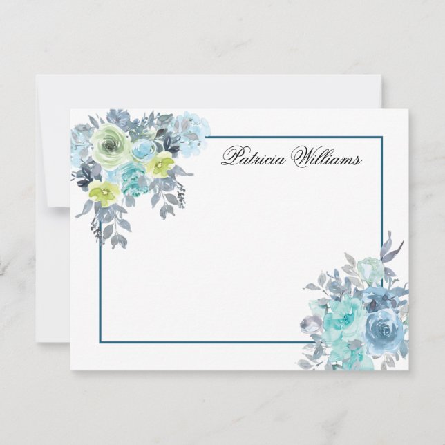 Blue Rose Bouquet Watercolor Flower Personalized Note Card (Front)
