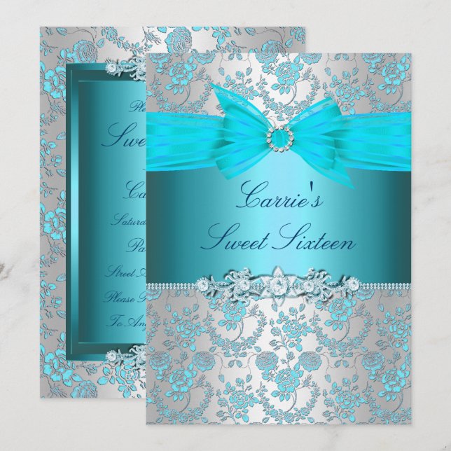 Blue Rose Bow Sweet Sixteen Invite (Front/Back)
