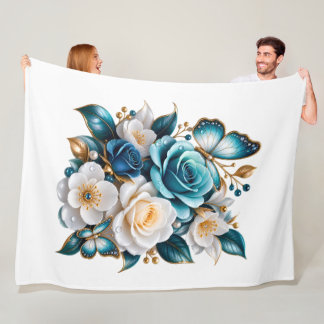 Blue Rose Butterfly Floral Fleece Blanket
