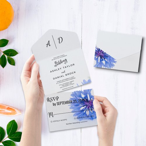 Blue rose chic floral All in One Wedding Invite