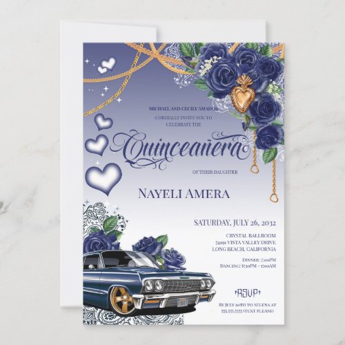 Blue Rose Classic Blue Lowrider Chola Quinceanera Invitation