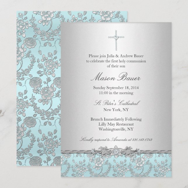 Blue Rose & Cross Baptism/Christening Invitation (Front/Back)