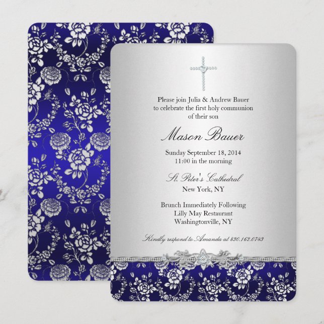 Blue Rose & Cross Baptism/Christening Invitation (Front/Back)