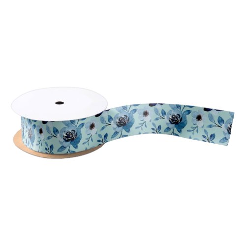 Blue rose daisy flower floral pattern repeating  satin ribbon