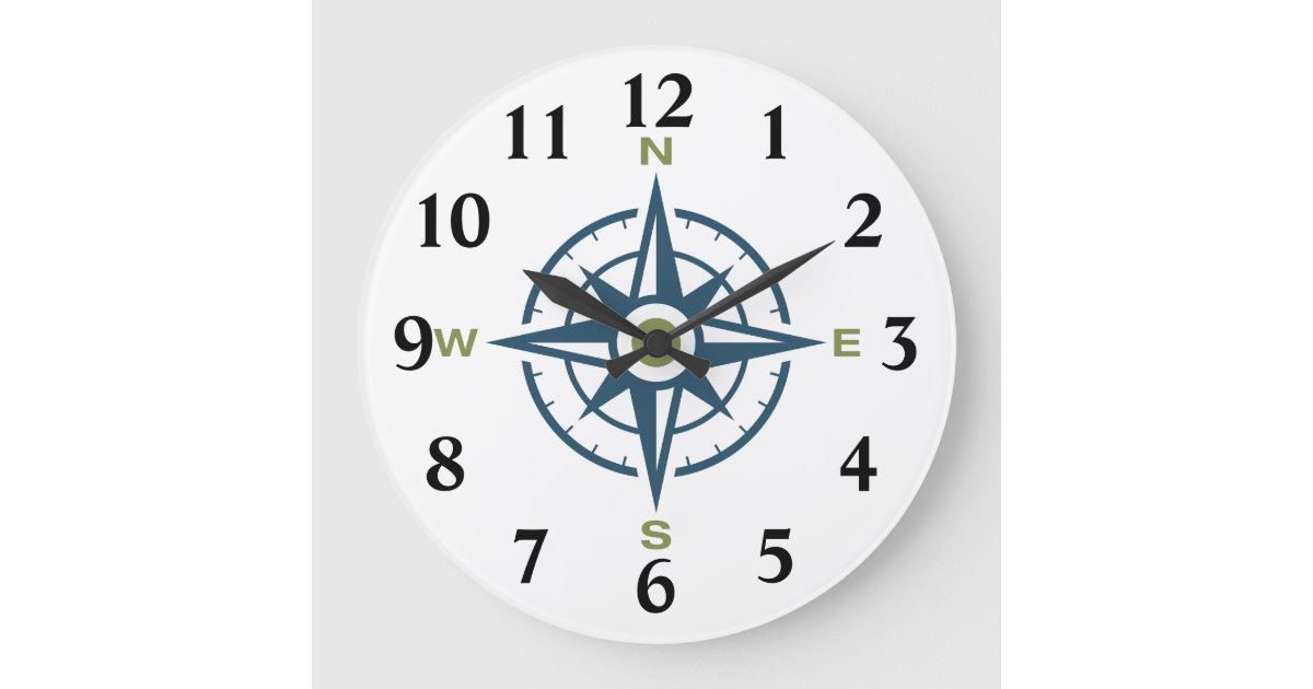 Blue Rose Design Compass Large Clock | Zazzle