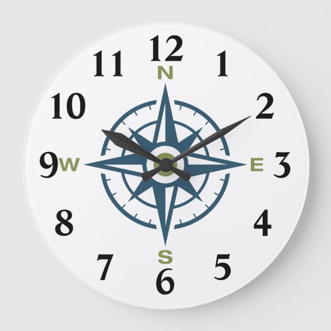 Blue Rose Design Compass Large Clock (Front)