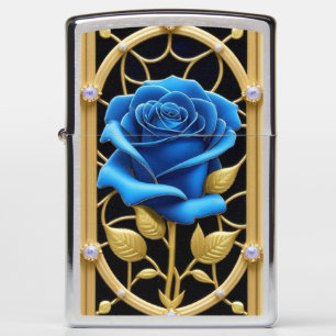 Blue Rose Design in Stained Glass Zippo Lighter