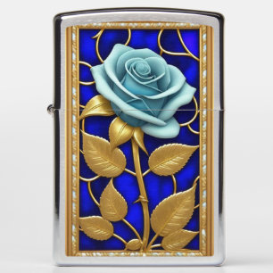 Blue Rose Design in Stained Glass Zippo Lighter