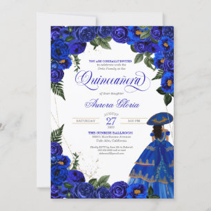 Blue Rose Elegant Charro Dress Floral Quinceanera Invitation