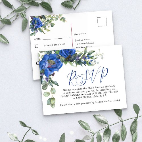 Blue Rose Elegant Quinceanera Pre_Addressed RSVP Postcard