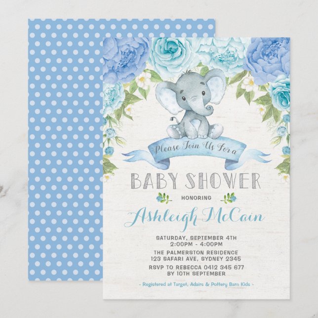 Blue Rose Elephant Baby Shower Boy Jungle Invitation (Front/Back)