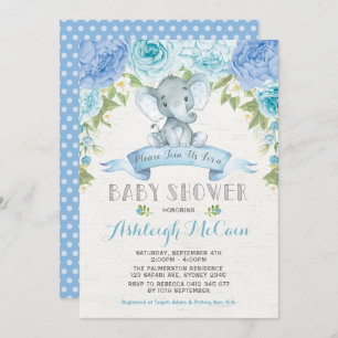 Blue Rose Elephant Baby Shower Boy Jungle Invitation