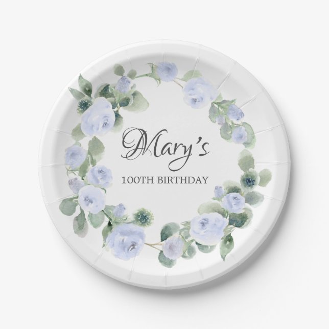 Blue Rose Eucalyptus 100TH Birthday Paper Plate (Front)