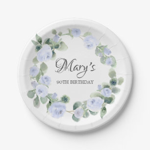 Blue Rose Eucalyptus 90TH Birthday Paper Plates