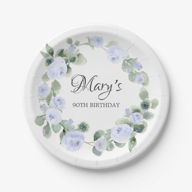 Blue Rose Eucalyptus 90TH Birthday Paper Plates (Front)