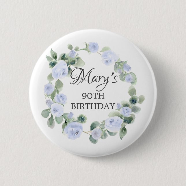 Blue Rose Eucalyptus Botanical 90th Birthday Button (Front)