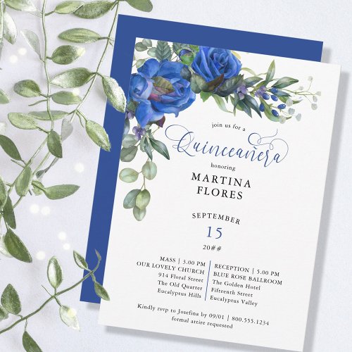 Blue Rose Eucalyptus Elegant Mass and Quinceanera Invitation