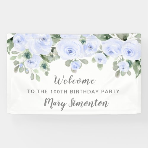 Blue Rose Floral 100 Birthday Party Welcome Banner