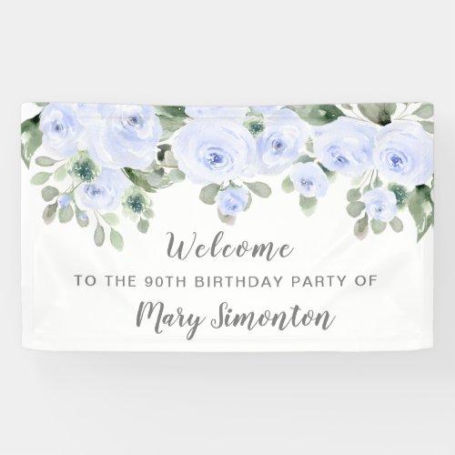 Blue Rose Floral 90 Birthday Party Welcome Banner