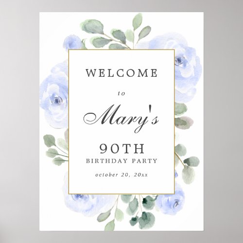 Blue Rose Floral 90th Birthday Welcome Sign