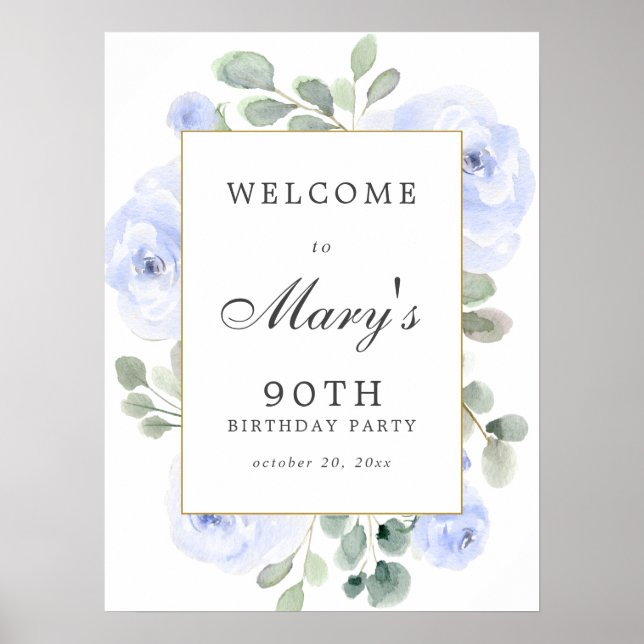 Blue Rose Floral 90th Birthday Welcome Sign (Front)