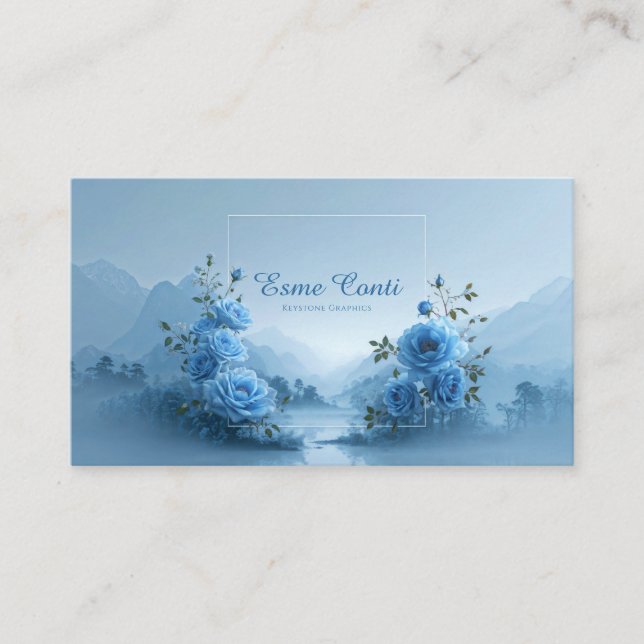 Blue Rose Floral and Misty Mountain Lake Business Card (Front)