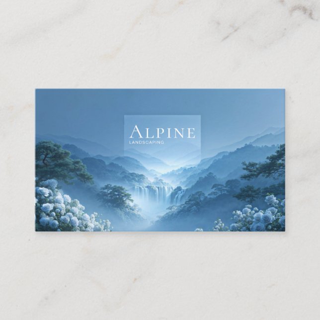 Blue Rose Floral and Misty Mountain Waterfall Business Card (Front)