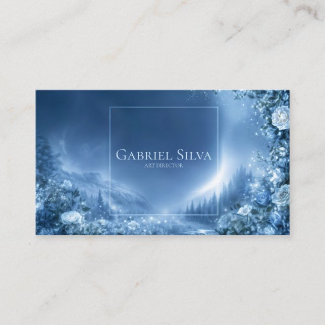 Blue Rose Floral and Snowy Mountain Night Frame Business Card (Front)
