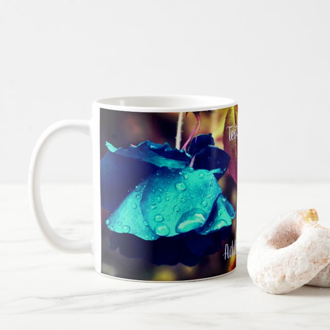 Blue Rose Floral Art Personalized  Coffee Mug (With Donut)