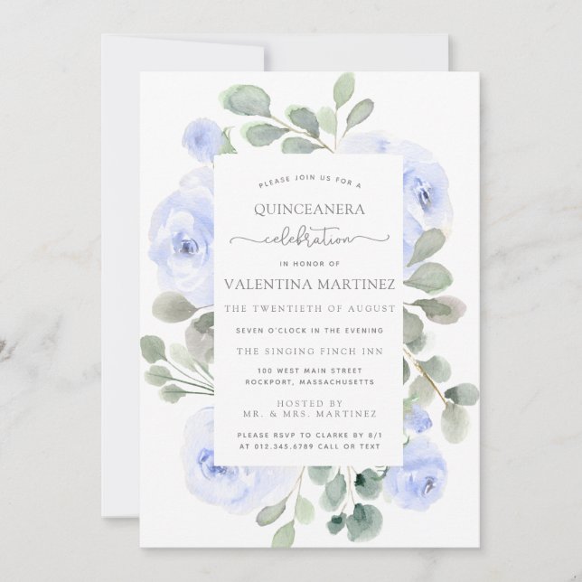 Blue Rose Floral Botanical Quinceanera Invitation (Front)