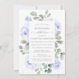 Blue Rose Floral Botanical Quinceanera Invitation