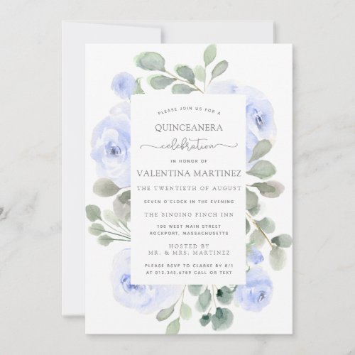 Blue Rose Floral Botanical Quinceanera Invitation