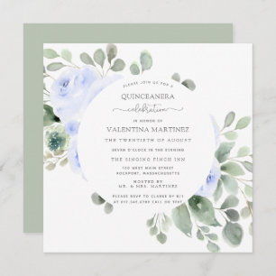 Blue Rose Floral Botanical Quinceanera Invitation
