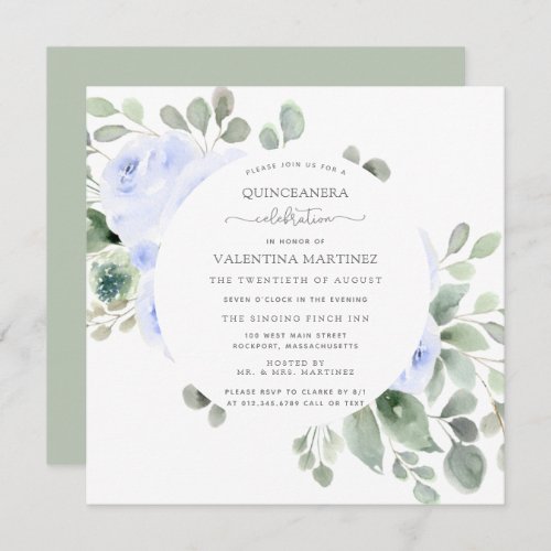 Blue Rose Floral Botanical Quinceanera Invitation