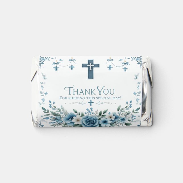 Blue Rose & Floral Cross Baptism Mini Candy Bar  Hershey's Miniatures (Front)
