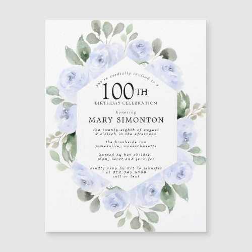 Blue Rose Floral Eucalyptus 100th Birthday Magnetic Invitation