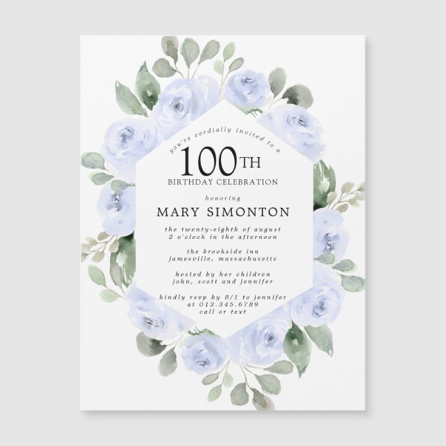 Blue Rose Floral Eucalyptus 100th Birthday Magnetic Invitation (Front)