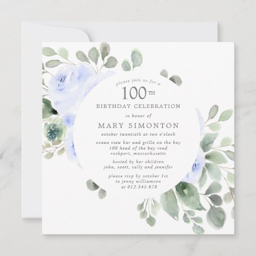 Blue Rose Floral Eucalyptus 100th Birthday Party Invitation