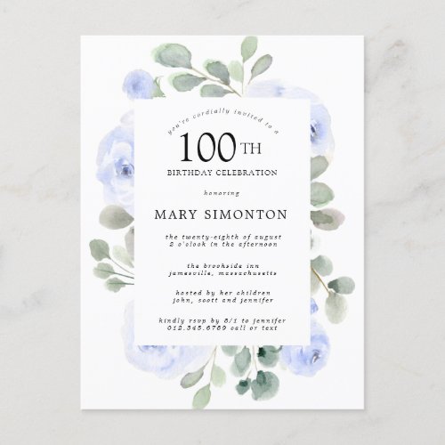 Blue Rose Floral Eucalyptus 100th Birthday Party  Invitation Postcard