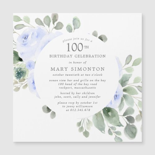 Blue Rose Floral Eucalyptus 100th Birthday Party Magnetic Invitation