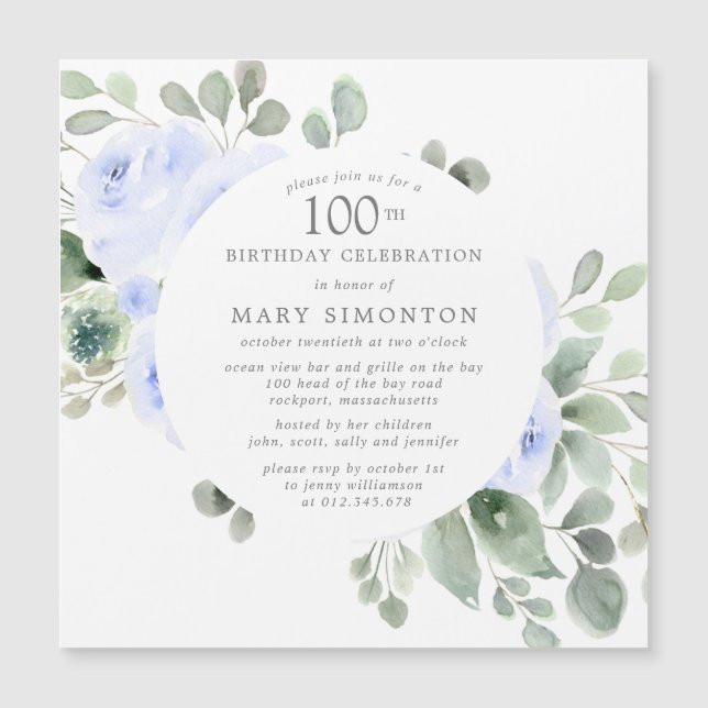 Blue Rose Floral Eucalyptus 100th Birthday Party Magnetic Invitation (Front)