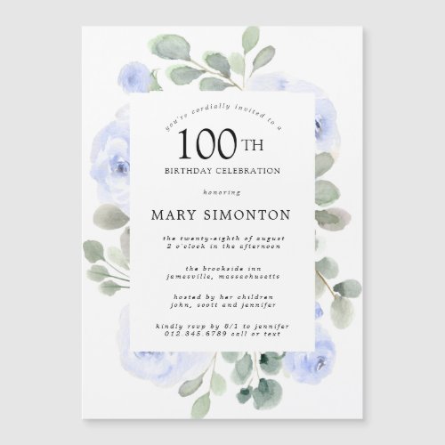  Blue Rose Floral Eucalyptus 100th Birthday Party Magnetic Invitation