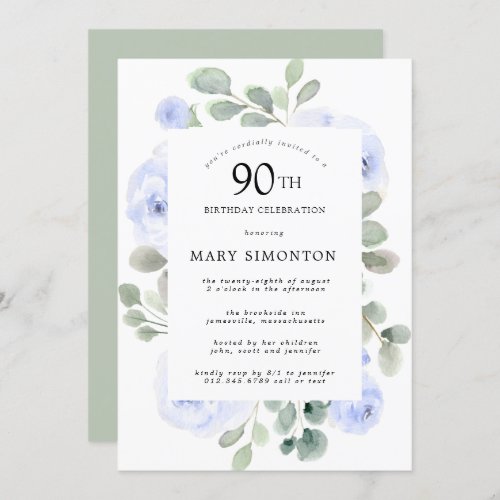  Blue Rose Floral Eucalyptus 90th Birthday Party Invitation